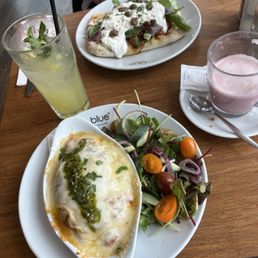 Pinsa pomodora  Chicken parmesan Pink Chai Latte Homemade lemon lemonade