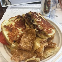 Jam on It!  Grilled cheese with bacon jam and tomatoes with wonton strips.  I swapped it from the paper boat to a plate -- it was so much!