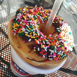 Bess Eaton - Chocolate frosted donut with rainbow sprinkles