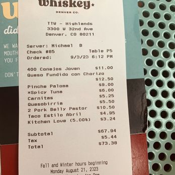 Tacos Tequila Whiskey - Bill - Whiskey Bars Near Me - Denver, Colorado