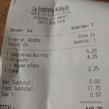 La Frontera - Final bill - Mexican Near Me - Midvale, Utah
