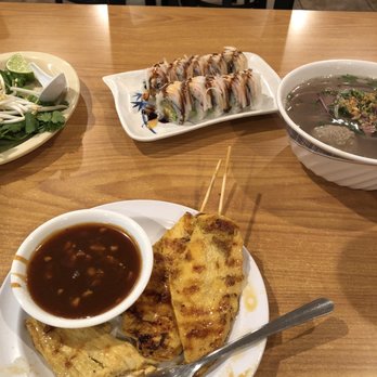 Ban Moon - Small combination pho, shrimp tempura roll, and chicken satay. - Thai Near Me - San Angelo, Texas Ban Moon - Small combination pho, shrimp tempura roll, and chicken satay. - Thai Near Me - San Angelo, Texas