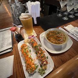 Wabi Sabi - Kickin Salmon Roll , T-N-T roll , spicy Crab Soup , Kirin Draft
