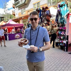 Keystone Blue Grass Festival - Husband with his big pretzel, beer cheese and cute little beer sampling glass and it's holder