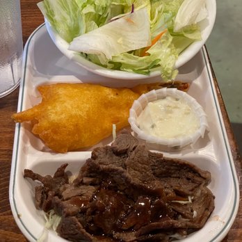 Tanaka Saimin - Side teriyaki beef, shrimp tempura, and green salad, no dressing. - Japanese Near Me - Honolulu, Hawaii Tanaka Saimin - Side teriyaki beef, shrimp tempura, and green salad, no dressing. - Japanese Near Me - Honolulu, Hawaii