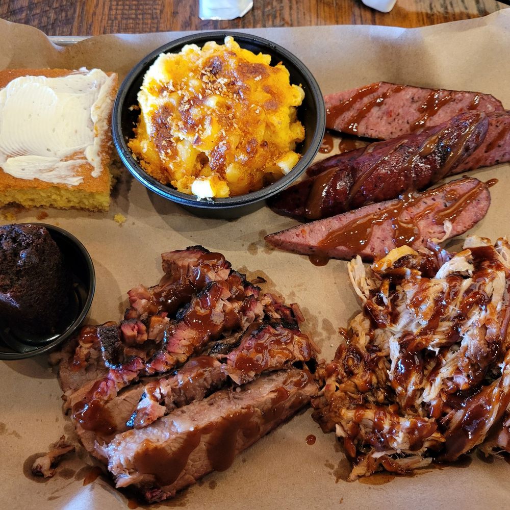 Mission BBQ - Shredded Pork, Beef Brisket, Sausage Classic #41, baked Mac & Cheese, Cornbread and a piece of fudge brownie. - Barbeque Near Me - Downers Grove, Illinois Mission BBQ - Shredded Pork, Beef Brisket, Sausage Classic #41, baked Mac & Cheese, Cornbread and a piece of fudge brownie. - Barbeque Near Me - Downers Grove, Illinois