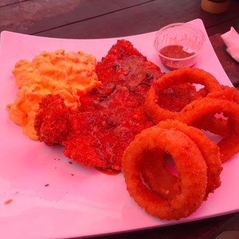 Loda Bier Garten - Jagerschnitzel, mac and cheese, onion rings, sauce...sorry for the redness from the umbrella lol - Burgers Near Me - Mobile, Alabama Loda Bier Garten - Jagerschnitzel, mac and cheese, onion rings, sauce...sorry for the redness from the umbrella lol - Burgers Near Me - Mobile, Alabama