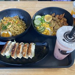 Pan fried gyoza, fried chicken curry rice bowl, and chicken wavy ramen. Pan fried gyoza, fried chicken curry rice bowl, and chicken wavy ramen.