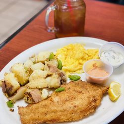 Sarom's Southern Kitchen - 2 Egg Breakfast (soft-scrambled) w/ 1 Catfish Filet, Country Potatoes - SO GOOD!!
