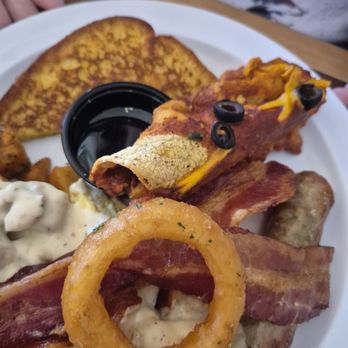 Bumbleberry Flats - First plate of everything hot, good stuff, great French toast, bacon, eggs, - American Near Me - Laughlin, Nevada Bumbleberry Flats - First plate of everything hot, good stuff, great French toast, bacon, eggs, - American Near Me - Laughlin, Nevada