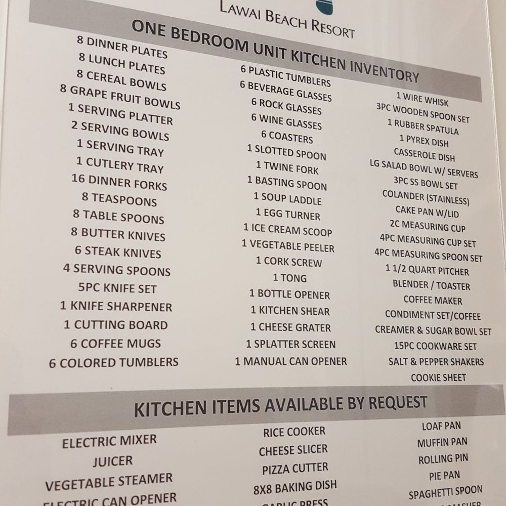 Lawai Beach Resort - List of kitchen inventory - Hotels Near Me - Koloa, Hawaii Lawai Beach Resort - List of kitchen inventory - Hotels Near Me - Koloa, Hawaii