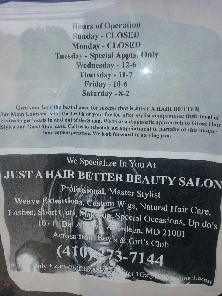 JUST A HAIR BETTER BY GILDA 107 E Bel Air Ave, Aberdeen, Maryland