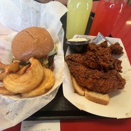 Joseph's style chicken with a triple smash burger and steak fry's, strawberry lemonade and regular lemonade kool-Aid Joseph's style chicken with a triple smash burger and steak fry's, strawberry lemonade and regular lemonade kool-Aid