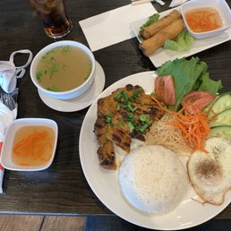 Egg rolls and rice meal with pork. Egg rolls and rice meal with pork.