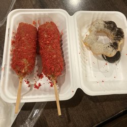 Suns Mongolian - Hot Cheetos dog and Oreo Mochinut from same counter inside restaurant