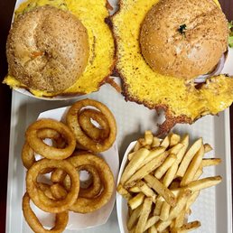 Cheezburgers, onion rings, small fries Cheezburgers, onion rings, small fries