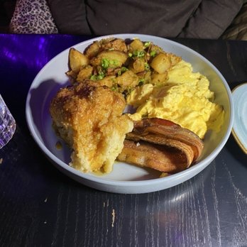 Buttermilk & Bourbon - 'Buttermilk Breakfast' comes with 2 eggs any style, thick cut bacon, home fries, buttermilk biscuit - Southern Near Me - Boston, Massachusetts