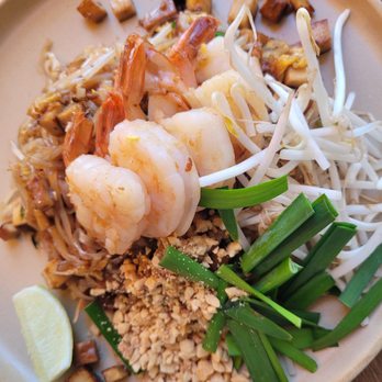 Hanuman Thai Eatery - Shrimp Pad Thai with smoked tofu, chives and mung bean sprouts. - Thai Near Me - Costa Mesa, California Hanuman Thai Eatery - Shrimp Pad Thai with smoked tofu, chives and mung bean sprouts. - Thai Near Me - Costa Mesa, California