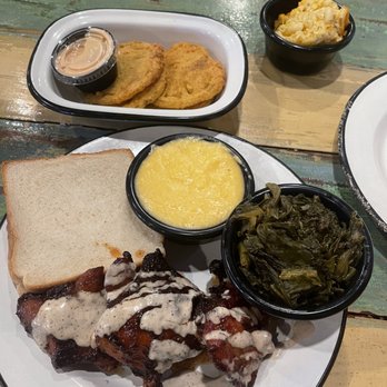 Saw's Soul Kitchen - Smoked Chicken Thigh Plate Fried Green Tomatoes - Barbeque Near Me - Birmingham, Alabama Saw's Soul Kitchen - Smoked Chicken Thigh Plate Fried Green Tomatoes - Barbeque Near Me - Birmingham, Alabama