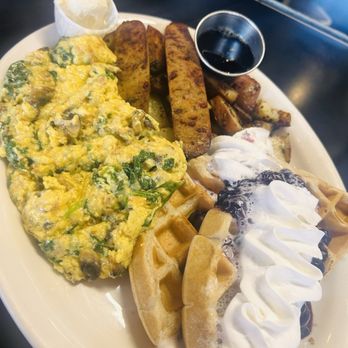 Millie's Cafe - The Usual- with eggs scrambled with mushroom and spinach, vegan Italian hot link, gluten free waffles, potatoes - Breakfast & Brunch Near Me - Los Angeles, California
