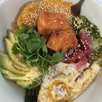 Dot's Diner - cous bowl special with fried tofu, egg, pickled jalapeños and onions and roasted butternut squash with chimichurri - Diners Near Me - Bisbee, Arizona