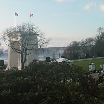 Peace Arch State Park - Arch from Sculpture Park with King 5 truck setting up for Olympic torch ceremony - Landmarks & Historical Buildings Near Me - Blaine, Washington