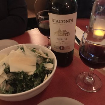 Fiat Cafe - Kale Caesar salad and a bottle of merlot - Italian Near Me - New York, New York