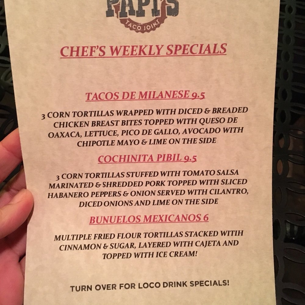 Papi's Tacos - Weekly specials menu - Mexican Near Me - Baltimore, Maryland Papi's Tacos - Weekly specials menu - Mexican Near Me - Baltimore, Maryland