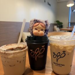 Dirty espresso, pistachio latte (hot), & white mocha latte Dirty espresso, pistachio latte (hot), & white mocha latte