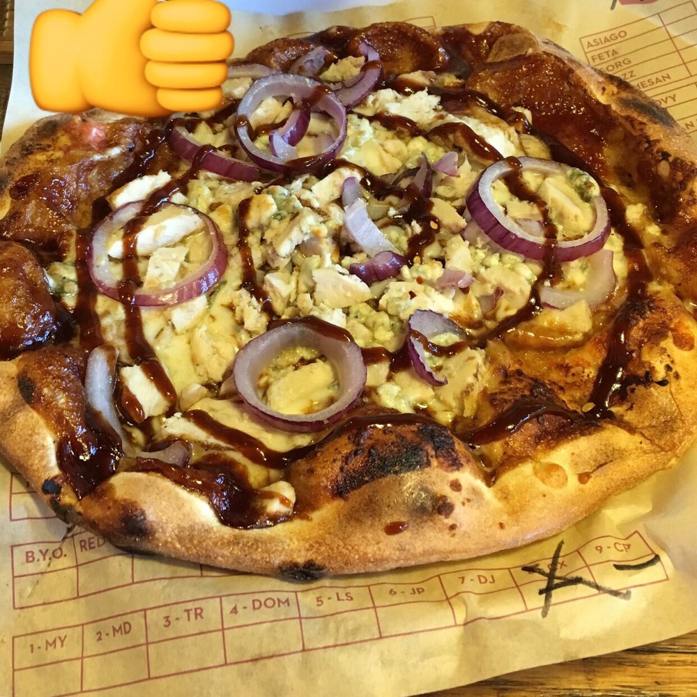 MOD Pizza - Caspian Pizza - bbq sauce, chicken, mozzarella, gargonzola, and onions - Pizza Near Me - Columbia, Maryland