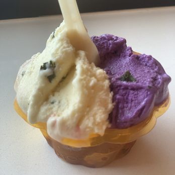 Dolce Diletto - Half calamansi basil (like Asian lime) and half ube! - Gelato Near Me - Burien, Washington