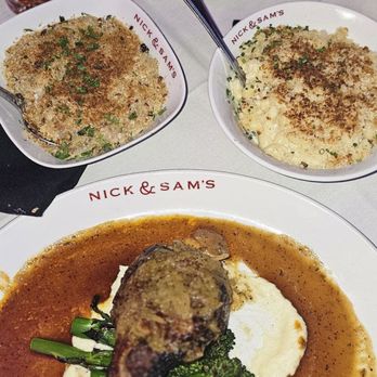 Nick & Sam's - Pork chop, broccolini, potatoes au gratin, 4 Cheese Mac and steak - Steakhouses Near Me - Dallas, Texas Nick & Sam's - Pork chop, broccolini, potatoes au gratin, 4 Cheese Mac and steak - Steakhouses Near Me - Dallas, Texas