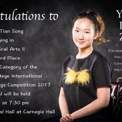 Tian Song Musical Arts - Dr. Tian Song's student Yixuan Lucy Zhou Winning the Third Place in American Protege International Piano & String Competition 2017