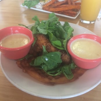 Early Bird - Chicken and waffles with the gravy and creamless creamed corn on the side. - New American Near Me - Fullerton, California