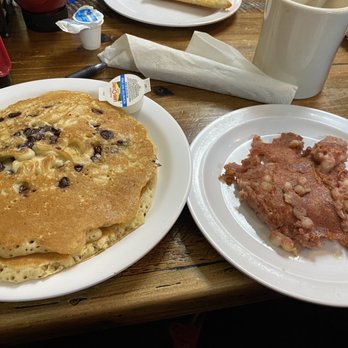 Sunrise Breakfast Shoppe - 2 stack of chocolate chip pancakes and a side of corn beef hash - Breakfast & Brunch Near Me - Chesapeake, Virginia