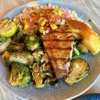Pacific Catch - Grilled Kanpachi Yellowtail Grilled Pineapple Salsa Style w/Thai Brussels and Mexican "Elote" Corn $32 - Seafood Near Me - Tustin, California Pacific Catch - Grilled Kanpachi Yellowtail Grilled Pineapple Salsa Style w/Thai Brussels and Mexican "Elote" Corn $32 - Seafood Near Me - Tustin, California