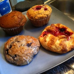 EAST SIDE OVENS - Blueberry lemon scone, rhubarb dumpling, banana chocolate chip and raspberry muffins