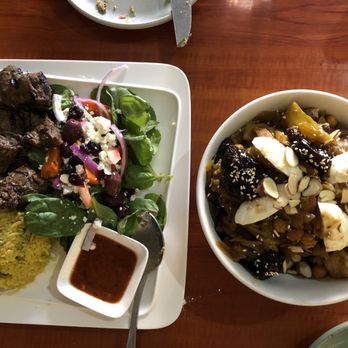 Aicha Moroccan Cuisine - Beef kabob plate, chicken couscous with raisins and onions - Moroccan Near Me - San Francisco, California