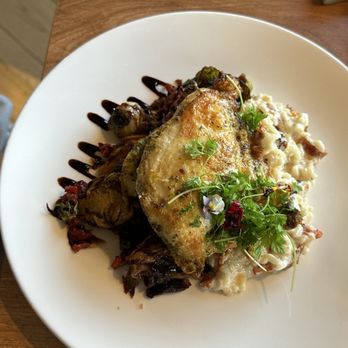 1878 on the Lake - Pesto chicken with sun-dried tomato orzo and balsamic glazed Brussel sprouts. - Comfort Food Near Me - Delavan, Wisconsin