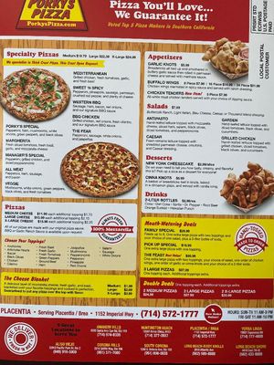 Menu photo 1 Porky's Pizza Placentia, CA Menu photo 1 Porky's Pizza Placentia, CA