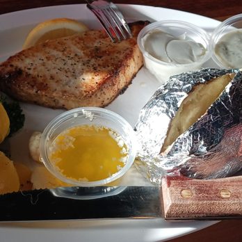 The Chowder Barge - Lemon pepper sword fish dinner plate with baked potato and steamed vegetables - Seafood Near Me - Wilmington, California The Chowder Barge - Lemon pepper sword fish dinner plate with baked potato and steamed vegetables - Seafood Near Me - Wilmington, California