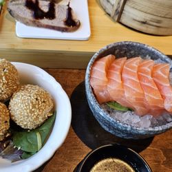 Sesame balls and sashimi