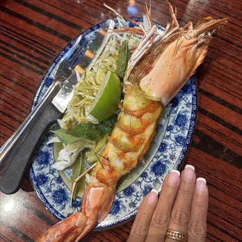 Holy Basil - Giant Tiger Prawn,  as you can see larger than my hand. Delicious! - Thai Near Me - Los Angeles, California