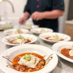 Rich Kitchen - Three cheese ravioli/ seared pancetta & tomato fennel broth/ mulberry vin redux