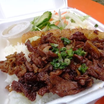 Pho Express - 3 spice beef and spring roll on rice (8.50, incl. tax) - Imported Food Near Me - Vancouver, British Columbia