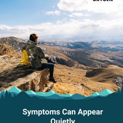 Alpine Oxygen - Hiker overlooking a vast mountain range with text explaining that altitude-related symptoms can appear quickly.