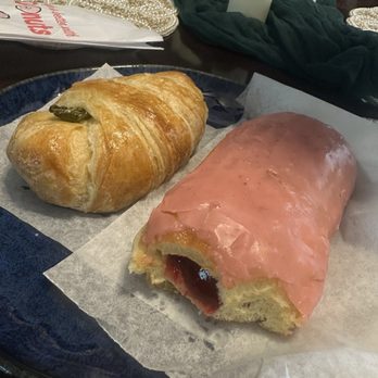 Crispy Donuts - Strawberry Donut and Strawberry Jelly Filled Ham and Cheese Croissant with jalapeños - Donuts Near Me - Wichita, Kansas Crispy Donuts - Strawberry Donut and Strawberry Jelly Filled Ham and Cheese Croissant with jalapeños - Donuts Near Me - Wichita, Kansas