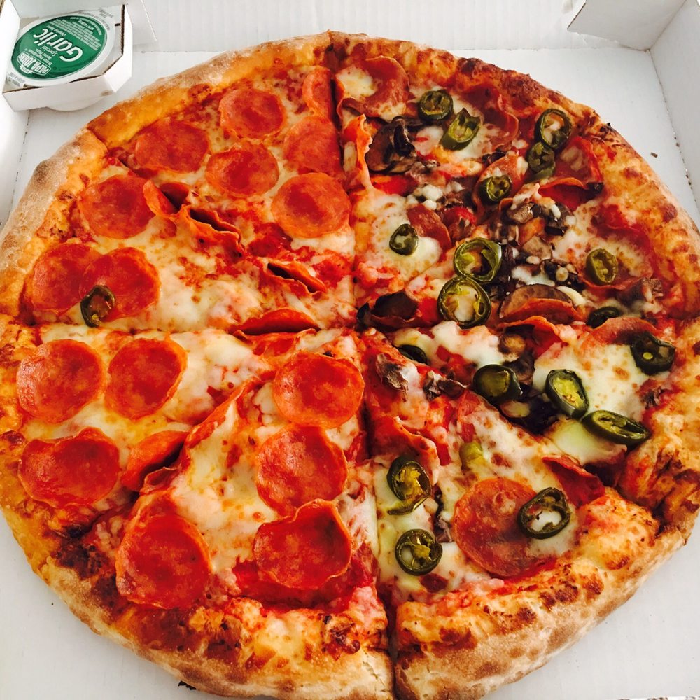 Papa Johns Pizza - Large pizza half pepperoni and half mushrooms with jalapeños. And free garlic sauce. So delicious!!! - Pizza Near Me - Lancaster, California Papa Johns Pizza - Large pizza half pepperoni and half mushrooms with jalapeños. And free garlic sauce. So delicious!!! - Pizza Near Me - Lancaster, California