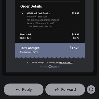 LJ's Lil' Cafe - Receipt for to go as of January 2026 - Breakfast & Brunch Near Me - Orange, California