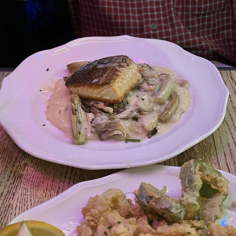 Due West Tavern - Salmon over fennel root, onions and mash potatoes  Lightly battered calamari. Yum... - Cocktail Bars Near Me - Olema, California